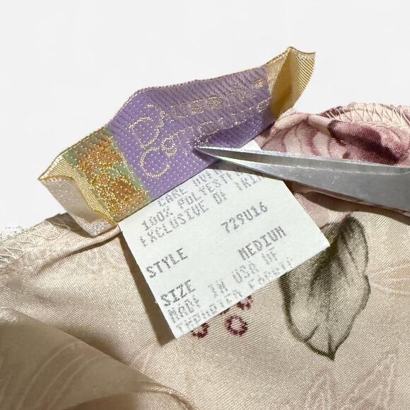 VTG 90s California Dynasty Beige & Pink Floral Satin Lace Rosette Maxi Slip M - Picture 8 of 8